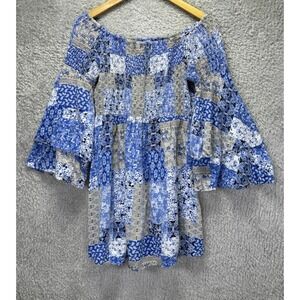 DEVI Medium Blue Patchwork Boho Mini Dress Off Shoulder Bell Sleeve Festival